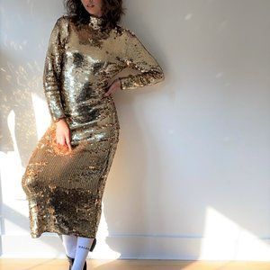 Cathy Hardwick Gold 1980s Disco Fabulous - Sequin Long Cocktail Dress Gown